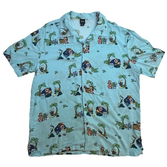 Disney Lilo & Stitch Blue Hawaiian Beach Scenes Button Up Shirt Men's MEDIUM - Picture 1 of 8
